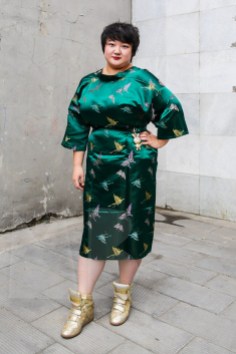 Richie is wearing a jade green altered kimono, with a glitzy rabbit medaillon, both from a local Beijing store and sneakers by Isabel Marant (property of AJ)